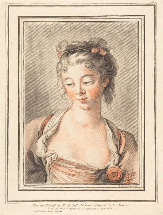 The image depicts a portrait of a person from the waist up. The person is slightly facing left, with their head tilted downwards, eyes looking down, and lips closed. They have delicate facial features, including softly arched brows, long eyelashes, and a faint blush on the cheeks. Their hair is styled in loose curls with small flower adornments. The person is wearing a light-colored garment with a draped neckline and a darker overcoat with a rose flower pinned to it on the left side. The background is a simple, textured gray pattern, framed with a decorative border.