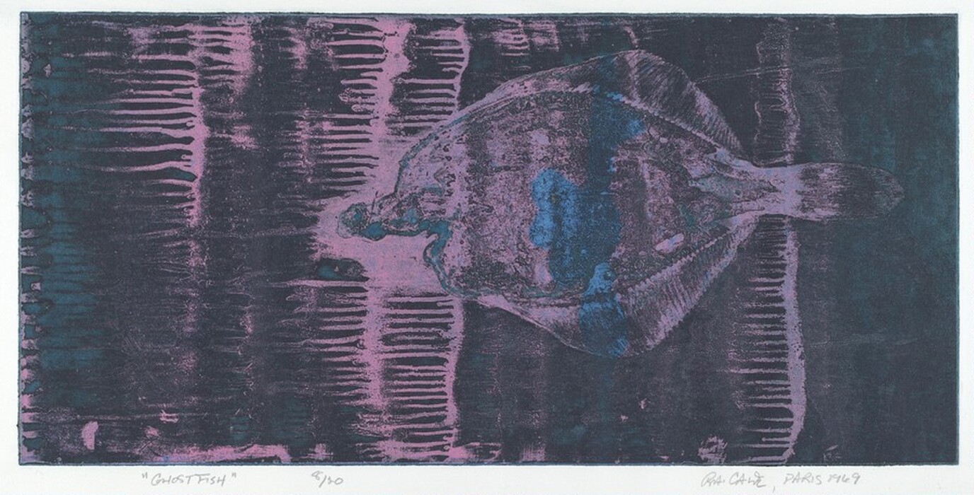 The image shows an abstract composition with a central shape resembling a fish. Surrounding the shape are vertically oriented wavy lines. The artwork uses muted purples and blues, creating a ghostly appearance.