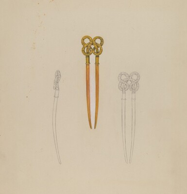 The image features a hairpin with a detailed circular design on top, primarily in gold and brown tones. Surrounding it are two faded gray sketches of the hairpin. The color palette consists of beige, gold, brown, and gray. The background color is light beige.