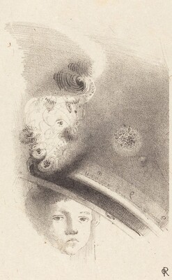 The image depicts swirling lines and circular shapes in an abstract composition. The top portion of the artwork contains curved formations blending into the background. In the center, there are detailed circular patterns. Below, a softly rendered face of a young person emerges. The lower section features distinct linear elements resembling a celestial object or mechanical device.