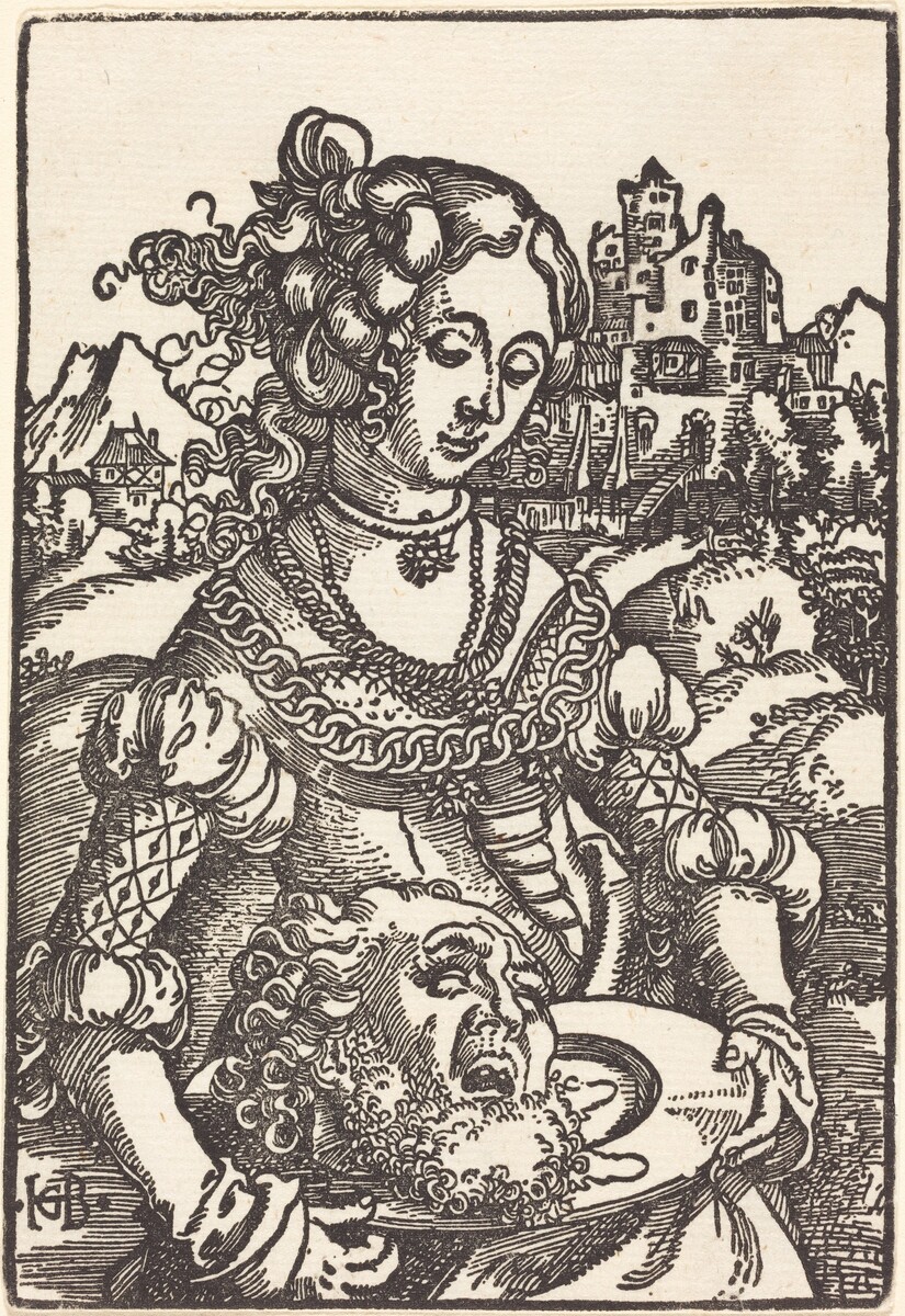 The image features a woman holding a platter with a man's head on it, set in a landscape with trees, architectural structures, and mountains.
