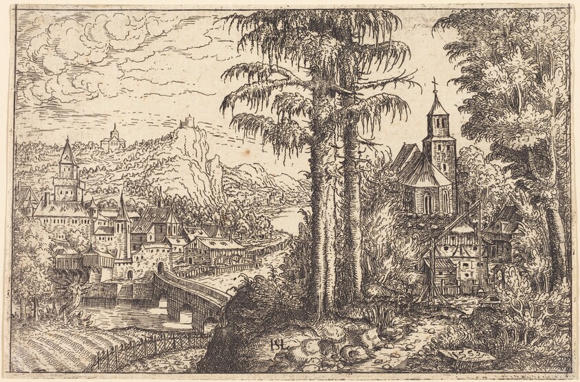 View of a Town near a River with a Church on the Right