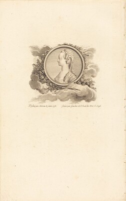 The image is an artistic engraving of a woman's bust in profile view, facing right. She is posed upright, with her shoulders slightly angled and her head turned to the side. The engraving shows her from the upper chest up, featuring delicate facial features and intricate hair styled with braids or curls cascading down the back. She wears attire with a ruffled collar. The ornate circular frame surrounding her is adorned with floral details and swirls, seemingly resting on a bed of clouds. The background is plain and light-toned, with no additional elements outside the frame. Small amounts of text beneath the image indicate the authorship and date.