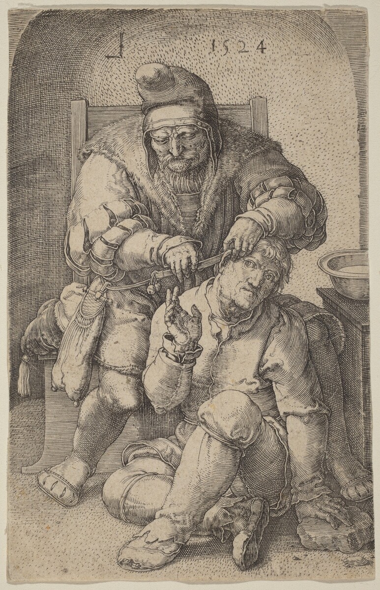 The image shows two men in early Renaissance attire. One man is seated, leaning back against a chair, while the other man stands behind him, performing an action over his head. The standing man appears elderly with a beard, hat, and glasses, wearing a fur-collared garment. The seated man looks disheveled with tousled hair, wearing a lined shirt and loose-fitting trousers. The background is textured, with a dark arching top, and a bowl or basin is nearby. The engraving is dated "1524" and features intricate hatching details.
