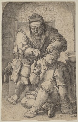 The image shows two men in early Renaissance attire. One man is seated, leaning back against a chair, while the other man stands behind him, performing an action over his head. The standing man appears elderly with a beard, hat, and glasses, wearing a fur-collared garment. The seated man looks disheveled with tousled hair, wearing a lined shirt and loose-fitting trousers. The background is textured, with a dark arching top, and a bowl or basin is nearby. The engraving is dated "1524" and features intricate hatching details.
