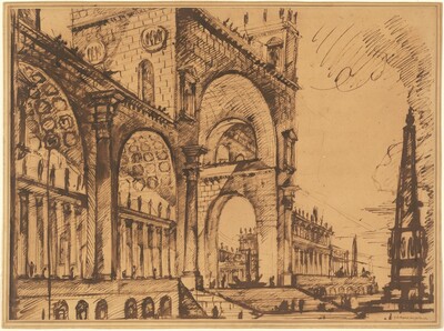 This is a drawing of an elaborate architectural structure featuring grand arches, columns, and detailed stonework. The design includes large arches, columns, circular medallions, arched windows, and a colonnade leading into the depth of the structure. In the distance, an obelisk-like structure is visible. The drawing uses cross-hatching and bold lines to define depth and form.