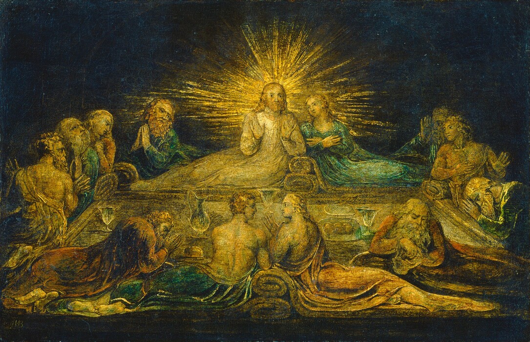 A long, rectangular dining table is surrounded by thirteen people in this horizontal painting. The skin of all the people, some of their clothing, and the tabletop are painted golden yellow. Touches of aquamarine blue, salmon pink, and rust red appear in some clothing, and the scene is set against a nearly black background. Across from us at the center of the table, a radiating, gold starburst surrounds the head and shoulders of a man, Jesus, with shoulder-length blond hair and beard. He looks at or toward us with dark eyes as he holds his hands up, palms facing out, at his chest. He wears a champagne-white robe and reclines with his legs extended to our left as he rests his opposite elbow on what could be a cushion or rolled-up blanket. To our right, a second person mirrors Jesus’s reclining position but with wrists crossed over the chest and turning to look toward Jesus. That person wears a long teal-blue garment and has smooth cheeks and long blond hair. Another bearded man to our left, near the back corner of the table, leans away from Jesus with hands held up as if in prayer. Three people lounge or sit on each of the short sides of the table to our left and right, and four recline on the side closest to us. Some have beards and others are cleanshaven, and some have short hair while others have long locks. Most of them look toward Jesus while two bend low to the table in prayer. One man, in the lower right, wears brick red and turns his back on the table as he counts or touches coins in a sack. The long table is set with goblets and plates of food. The artist signed the work with his initials in the lower left corner: “WB inv.”