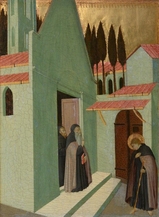 Three pale-skinned men wearing long, dark robes stand in and near a dense cluster of vivid, mint-green buildings with arched openings and clay-red colored roofs that nearly fill this vertical painting. Near the lower center of the composition, two bearded men stand in an open doorway looking out at the younger, cleanshaven man who stands barefoot to our right, facing them. At the door, the man in front has a long, white beard, and he holds a red book, or manuscript, in his left hand while holding up his right hand with his first two fingers raised. The man behind him has a red beard and hair. The younger man to our right bows his head, encircled with a gold halo, toward the pair in the doorway. The younger man holds one hand over his heart, and in the other holds a long, gnarled walking stick. The skin of all three men has a greenish cast. The green buildings are tall and narrow. Beyond the buildings, near the top of the panel, a row of tall, dark green trees are silhouetted against the shiny gold sky. The gold background is punched with a decorative band of small circles and arches along the top edge of the panel.