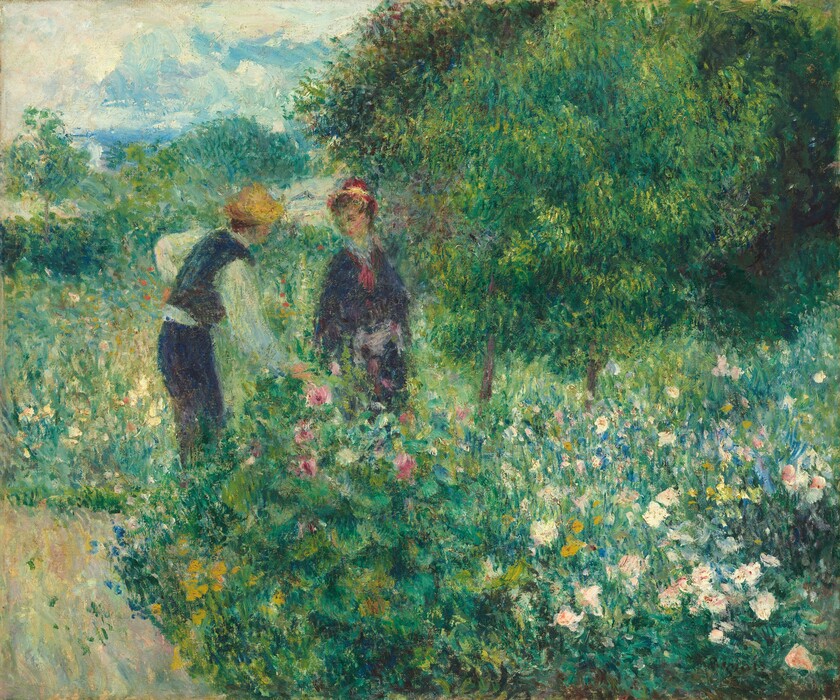 A light-skinned man and woman stand looking at each other, surrounded by blooming flowers and lush green trees in this square landscape painting. The palette is dominated by shades of vibrant green and blue, and is loosely painted with daubs and short strokes, making details indistinct. The people stand to our left of center and both are dressed in navy blue. The man stands facing our right, almost in profile, and bends forward slightly with one hand gesturing toward the flowers. He wears a vest and trousers, a white shirt, and a butterscotch-gold hat. The woman stands near him to our right, and faces us with her head turned to look at the man. She wears a long gown, a cherry-red hat, andwhat appears to be a denim-blue and cherry-red scarf around her neck. The trees fill right half of the painting, and the profusion of flowering bushes closest to us almost spans the width of the scene. Their blooms are suggested with touches of rose and petal pink, cream white, mustard yellow, and azure blue. More flowering bushes behind the man and woman are suggested by loosely painted areas of parchment white and laurel green, with scattered dots of poppy red. Pale pink clouds swirl through the topaz-blue sky in the upper left corner. The artist signed the painting in the lower right, “Renoir.”
