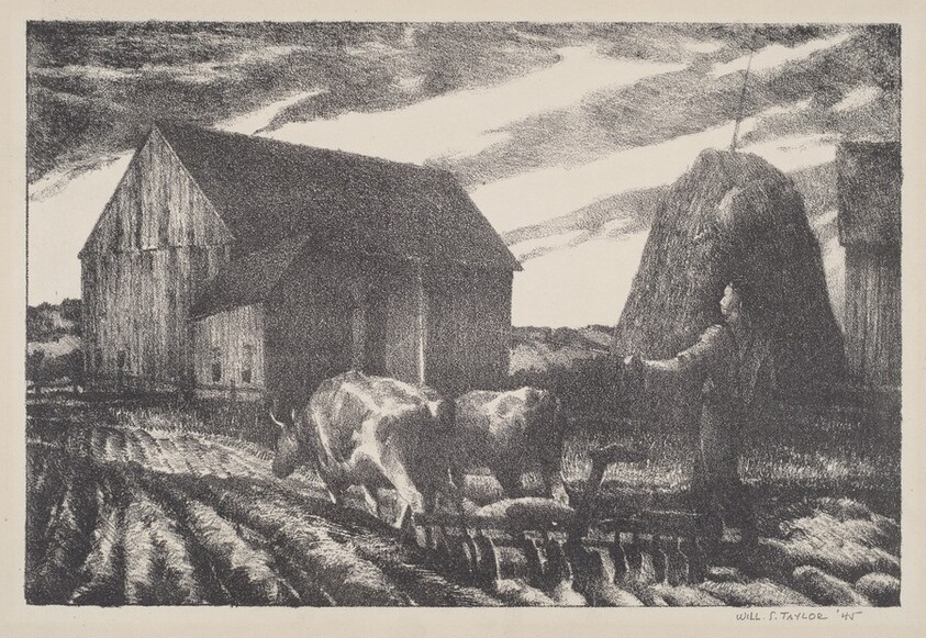 Farmyard Scene with Man Plowing