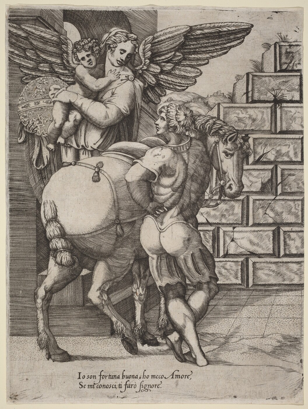 This is a drawing featuring a winged figure holding a cherub next to a horse and a person in armor. The artwork portrays a detailed scene with mythological and allegorical elements. The winged figure embraces the cherub, who reaches towards them, as they stand beside a horse. The person in armor interacts with the horse. The background shows a stacked block wall. The intricate details, such as feathers, clothing folds, and horse anatomy, are depicted with fine lines and shading. The text at the bottom reads: "Io son fortuna buona, ho mecco Amore, Se mi conosci, ti farò signore." The artwork's composition and style suggest influences from the Renaissance period.