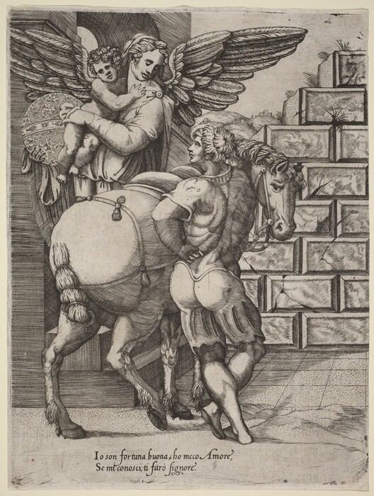 This is a drawing featuring a winged figure holding a cherub next to a horse and a person in armor. The artwork portrays a detailed scene with mythological and allegorical elements. The winged figure embraces the cherub, who reaches towards them, as they stand beside a horse. The person in armor interacts with the horse. The background shows a stacked block wall. The intricate details, such as feathers, clothing folds, and horse anatomy, are depicted with fine lines and shading. The text at the bottom reads: "Io son fortuna buona, ho mecco Amore, Se mi conosci, ti farò signore." The artwork's composition and style suggest influences from the Renaissance period.