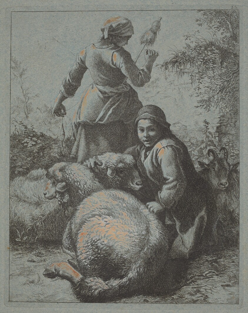 Woman Spinner and a Shepherd with Flock