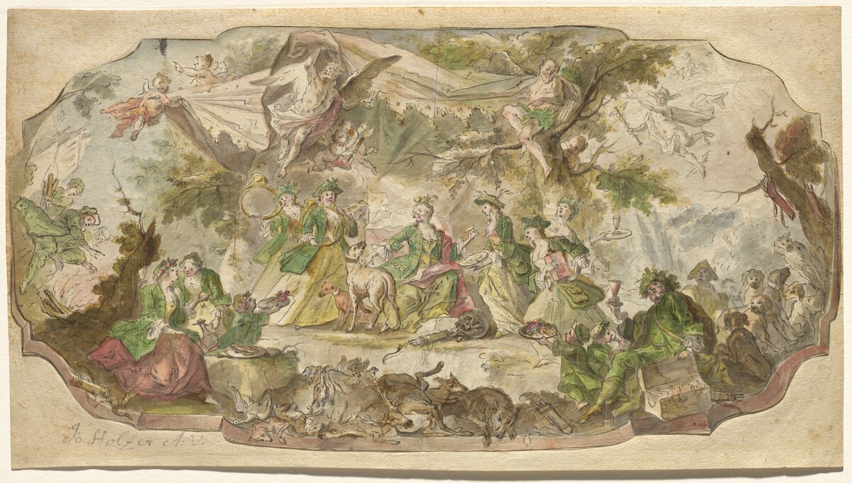 This is a drawing of various mythological figures and animals in a whimsical scene. The scene features elegantly dressed women and mythical creatures among trees and animals. Some figures appear to be floating or perched in a theatrical setting, with cherubic figures carrying a large drape. On the ground, there is a lively gathering with dogs, food, and drink, creating a sense of festivity and merriment. The image uses bright and soft colors to convey a playful and dreamlike quality. The figures are attired in green and pinks, enhancing the festive atmosphere.