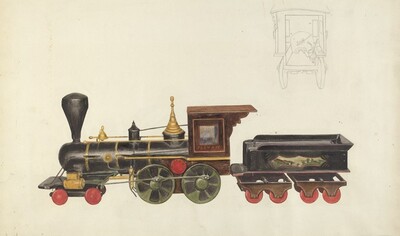This is a painting of a toy steam locomotive and tender. The painting includes a detailed representation of a black and gold steam locomotive with red wheels, a large smokestack, and a cab labeled "Fayram." There is a small tender behind the locomotive with a decorative panel depicting a landscape scene. Above the main image and to the right, there is a pencil sketch of a small carriage-like vehicle. The artwork showcases a meticulous depiction of a toy train with attention to colors and proportions, in the style of early 19th-century toy illustrations.