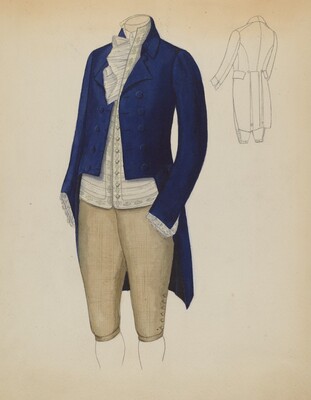 This is a drawing of a blue coat paired with tan breeches. The image depicts an 18th to 19th-century ensemble, featuring a deep blue coat, a white waistcoat with ornate lace cuffs, and tan breeches fastened with buttons at the knee. On the right side, there is a pencil sketch showing the back of the coat with long tails. The drawing is detailed, showcasing the texture and style of historical fashion.