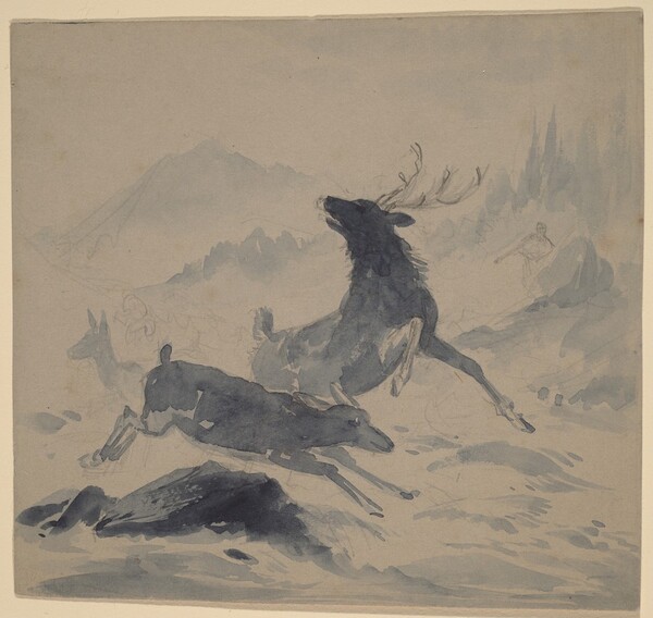Hunter and Fleeing Deer