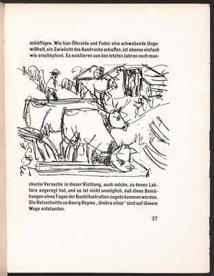 The image shows two cows and a man surrounded by rough sketch lines. There are two cows in the foreground, depicted with fluid lines suggesting movement. Above the cows are sketchy lines resembling barns or rural buildings, with a figure resembling a man nearby. The drawing is placed on a page with text above and below, creating an illustrative connection between the art and text.