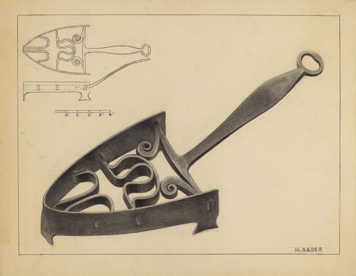 This is a drawing of a wrought iron object with a handle. The drawing features a detailed depiction of a decorative flat iron or metalwork tool with a handle, showcasing scrollwork and symmetrical patterns within its iron frame. The drawing highlights the object's ornate structure with intricate curling shapes. A schematic view of the iron is included in the upper left corner illustrating its shape and structural dimensions with measurements indicated. The artist's name, H. Baber, is visible on the bottom right.