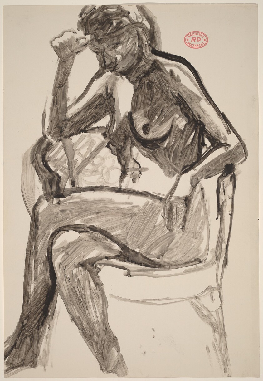 Untitled [female nude in an armchair with right hand to forehead]