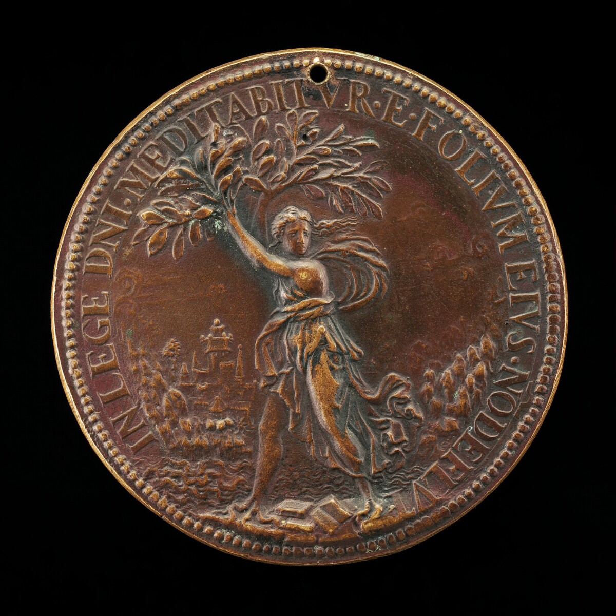 This is a photograph of a bronze medallion. The medallion features a sculptural relief of a female figure holding a branch with leaves. The background showcases a landscape with structures resembling a castle or city. The perimeter of the medallion bears an inscription in Latin. The surface has a warm patina, highlighting the design details against the dark background.
