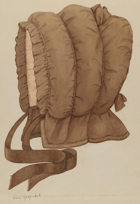 The image shows a large brown bonnet with a puffed structure and a ruffled edge around the face opening. The bonnet has two long brown ribbons attached for tying under the chin. The color palette is earthy, dominated by various shades of brown, giving the bonnet an appearance of being made from a textured fabric. The bonnet is centered and positioned slightly turned, so one side of the bonnet is more visible. The ribbons hang downward and to the left side of the bonnet, maintaining a relaxed shape.