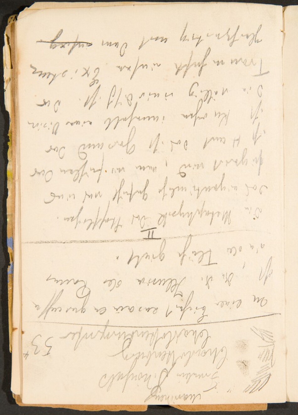 This is a photograph of handwritten text on old paper. The image shows a page with handwritten script. The paper is slightly yellowed, with visible creases and a faint gridline. The cursive handwriting looks like it was written in pencil, with uneven spacing between words. The upper left corner of the page is slightly bent.