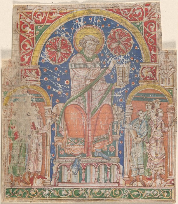 This is a painting of a medieval illuminated manuscript page. The artwork depicts a central figure seated on a throne under a grand arch, holding a book and gesturing towards a group of standing figures. The background is decorated with floral patterns and roundels, showcasing colors including blue, red, yellow, and green. Surrounding the scene are architectural elements, such as arches and columns. The attire of the figures and decoration reflect the artistic style associated with illuminated manuscripts. This is in the style of an anonymous medieval illuminator.