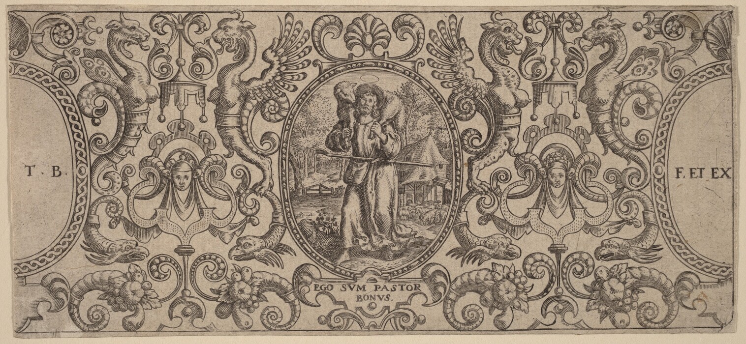 The drawing shows an ornate scene with a central medallion featuring figures and decorative motifs. The medallion includes a central figure carrying a sheep, surrounded by a pastoral landscape with trees, a fence, and sheep. The medallion is framed by elaborate designs with winged creatures, ribbon patterns, faces emerging from floral motifs, classical ornamentation, scroll patterns, animal heads, and vegetal forms. The style resembles a detailed etching or engraving from the classical or Renaissance periods. The text "EGO SVM PASTOR BONUS" is inscribed below the medallion, along with the initials "T.B." and "F. ET EX."