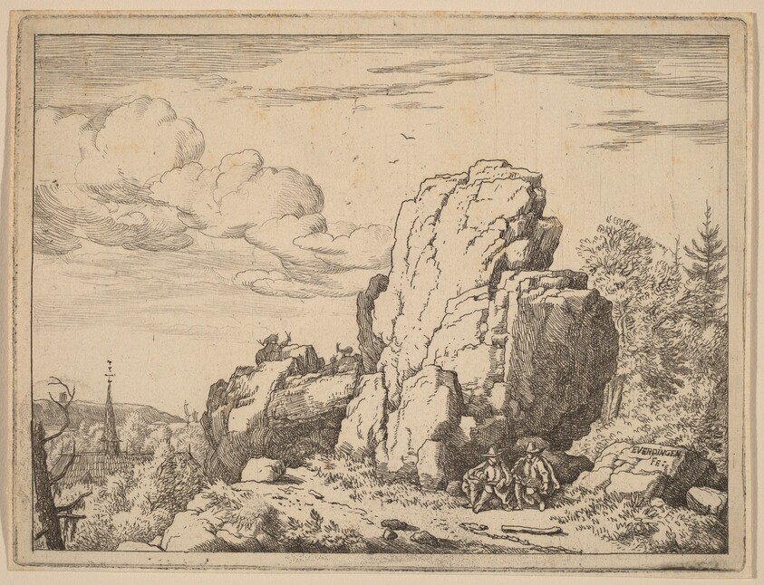 Two Men Seated at the Foot of a High Rock