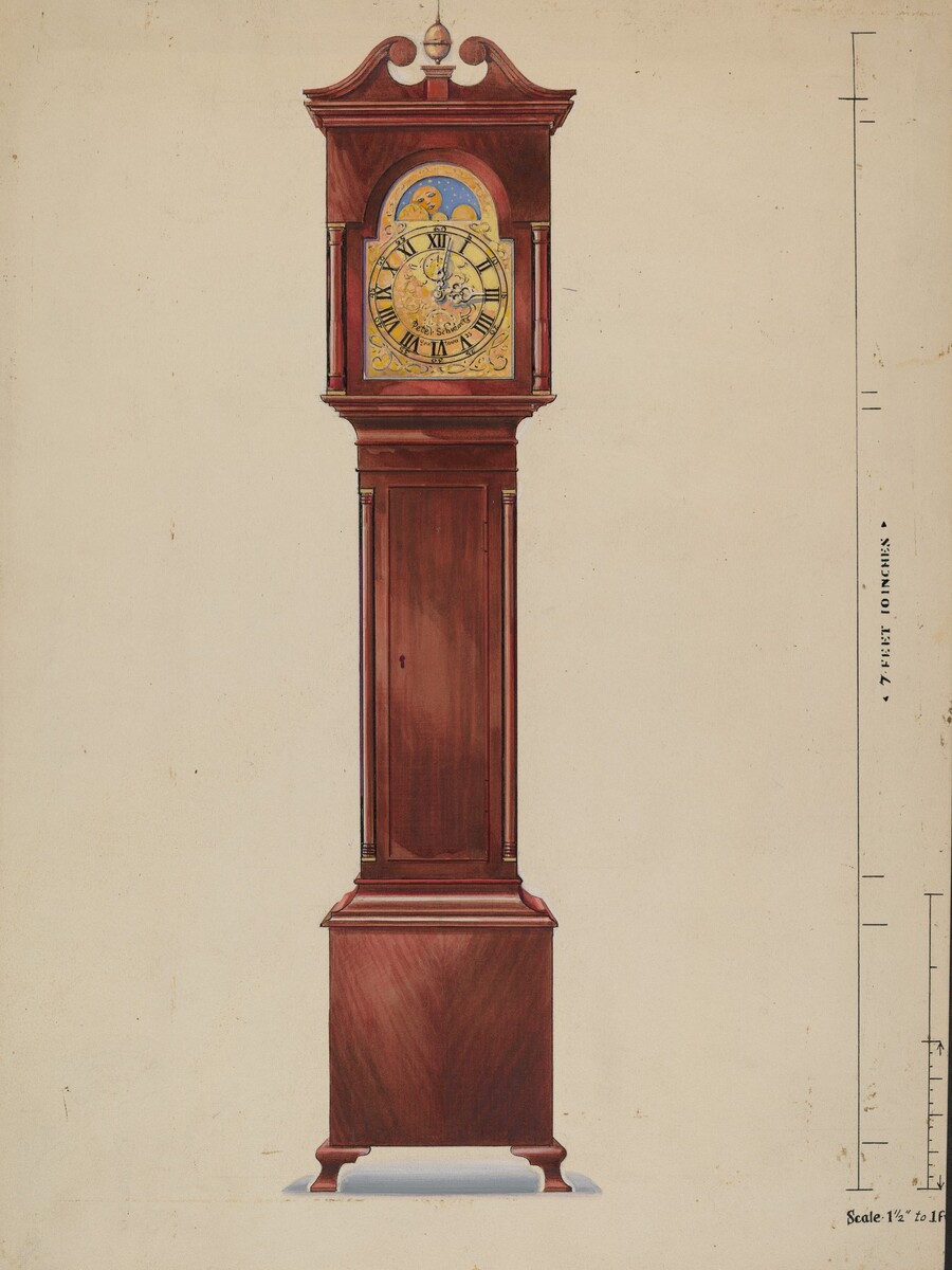 The image shows a tall wooden grandfather clock with a decorative clock face in rich shades of brown, yellow, and gold. The clock is positioned centrally against a light-colored background. On the right side, a vertical ruler-like scale is subtly marked.