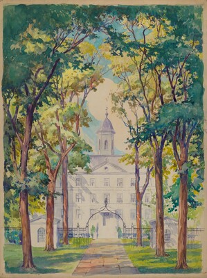 The image shows a building with a cross-topped cupola framed by rows of tall trees. The building has a classical architectural style with symmetrical windows and an arched entrance gate. The horizon is defined by the top edge of the building, as the trees rise above it. The brushstrokes are fluid with a loose, watercolor technique, giving movement to the foliage and shadows. The color palette includes greens, yellows, browns, blues, and grays, creating a naturalistic scene. The soft, sun-dappled light suggests a serene day.