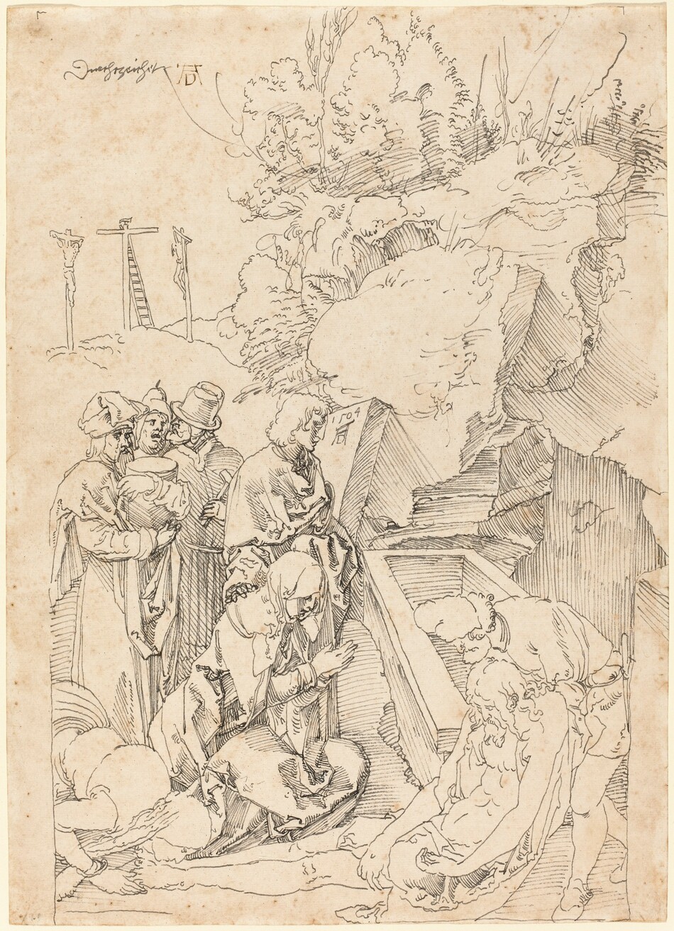 Six men and women stand or kneel in front of a sixth person, a man, holding the limp corpse of another, Jesus, in this vertical drawing on cream-white paper. Jesus and the man supporting him are in the lower right corner of the page, and a woman with long, loose hair bends low to kiss Jesus’s feet in the lower left corner. These three people are the mostly simply drawn of the group, sketched in with outlines and contours without shading. The other woman kneels with her hands together, facing Jesus in profile. A young, cleanshaven man stands at her far side and rests his hand on her other shoulder. A trio of three men stand closely behind this pair. All three wear elaborate hats, two may converse, and one holds a drum-like object and another a hammer. A rectangular stone tomb stretches behind Jesus at the foot of a rocky cliff face. Across the paper, three crosses rise from a hill in the top left corner of the composition. A ladder leans against the central cross, and men hang heavily from the other two. The artist signed and dated the work as if he had inscribed the top middle of the tomb cover. A capital letter D is tucked between the wide legs of a capital A, both under the date, 1504.
