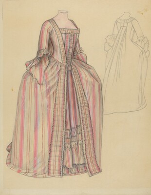 This is a drawing of an elaborate dress design. The full-length gown is depicted with vertical pink and blue stripes, featuring a wide skirt that billows out from the fitted bodice. The bodice has a square neckline, adorned with intricate lace or ruffle detailing. The sleeves are decorated with ruffles and hang loosely to the elbow. The dress appears to be an 18th-century style garment, with its extravagant use of fabric and embellishments. To the right of the colored illustration, there is a sketch of the back of the dress, highlighting the fullness of the skirt and the detailed drapery at the back. The drawing provides a detailed visualization of a historical garment, capturing the elegance and intricacy of its design.