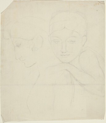 The image is a sketch showing two figures. Both figures are depicted from the shoulders up. The figure on the left is in profile, facing left, with gently arched features, a straight nose, and slightly downturned lips, with hair suggestively styled around the ear. The figure on the right is positioned slightly behind the first, with their chin resting on their crossed arms, directing their gaze to the viewer. This figure's face is more forward-facing, with almond-shaped eyes, a slender nose, and subtle lips, and their hair is suggested to be tied or styled back. There are no distinctive details of clothing, and the background is plain, with the focus solely on the pencil sketching of the two figures.