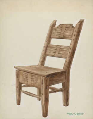 The image shows a wooden chair with intricate carved patterns on the backrest. The chair is positioned to the left in the image with the front legs slightly facing to the right, set against a light neutral background.