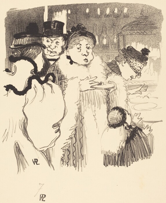 The image is an illustration of four people from the waist up in a communal setting. The two figures at the center are prominently positioned, with the woman on the left wearing a hat with feathers and the man next to her wearing a top hat and an exaggerated expression. The center-right figure is a woman adorned in a fluffy, fur coat with her hands raised slightly, and her facial features are round with an expression of slight surprise. To the far right, a person is depicted in profile, wearing a knitted hat with a pom-pom, bending forward as if to observe something closely. The background shows a faintly sketched indoor setting with lighting fixtures or chandeliers.