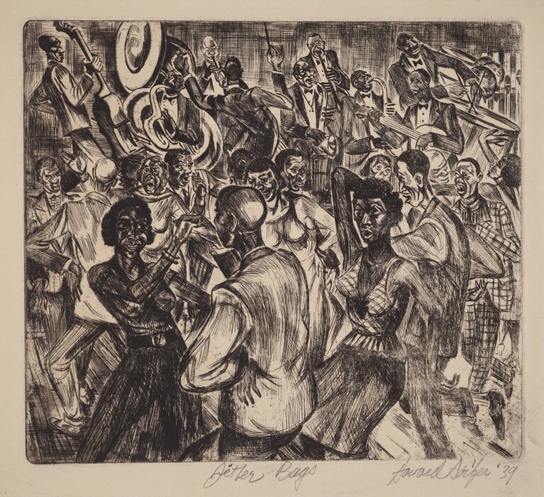 This is a black and white illustration of a dance scene. The image shows musicians playing instruments and people dancing energetically. The musicians have banjos, trumpets, and saxophones, and the dancers show joy and excitement through their poses and gestures. The background has a textured and crosshatched style.