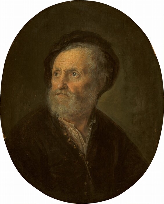Shown from the chest up, a light-skinned man with a wrinkled face and a silvery gray beard and hair gazes into the distance in this oval portrait painting. His chest is angled to our right but he turns his head to look off over his other shoulder, to our left. His slate-blue eyes are a little sunken and lined with wrinkles. Shading marks the hollows of the temple and cheek we can see. His thin lips are closed and framed by his curly mustache and beard. A dark, mahogany-brown cap is pushed back on his head, and his brown jacket has gold-colored buttons down the front. The collar of a cream-colored shirt shows through at the neckline. The background is dark olive green. The artist signed the work near the man’s shoulder, to our right: “GDOV.”