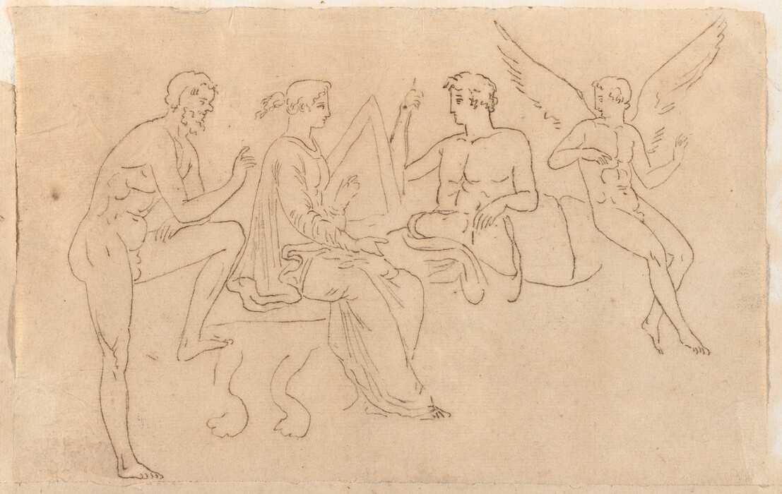 This is a drawing of four figures arranged in a slightly circular composition. One figure is seated on a piece of furniture with curved legs, draped in fabric and gesturing with an upward-pointing hand. Next to this figure is a partially clothed figure seated on what appears to be fabric. To the left of these figures is a naked standing figure with a muscular build, seemingly in dialogue with the seated draped figure. On the right is another unclothed figure with wings, seated in a relaxed position. The style of the drawing is reminiscent of classical and renaissance studies, characterized by delicate and precise line work on a textured paper background.