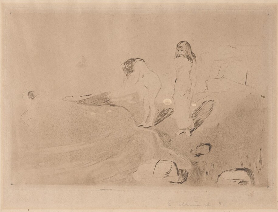 This is a drawing of a landscape scene with two figures near the shore. The full composition features two figures standing by the water’s edge. One is leaning forward, perhaps touching the water, while the other stands upright. They appear to be near rocks on a shore, indicated by rough, sketchy lines. The drawing is done in an understated manner, with soft tones and minimal detail that suggest forms. The overall effect is one of quiet introspection and simplicity, capturing a tranquil moment in nature with a delicate touch typical of sketch illustrations.