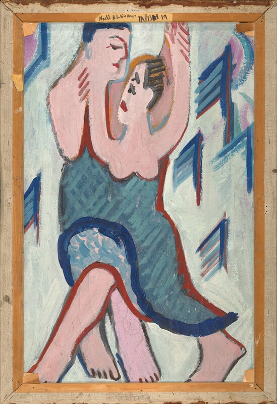 A man and woman with pale, pink-colored skin hold hands and dance in this stylized, abstracted vertical painting. The woman’s breasts are exposed, and a single teal-green cloth edged in sapphire blue appears to encase both of their torsos. The man is behind the woman just to our left, and he looks down at her. Her shoulders face us, but she looks back at him, both in profile. Their faces are each painted with one or two strokes each for eyebrows, eyes, lips, and, for the man, a nose. Their hands are lifted and joined, blending into single forms, and the woman takes a wide step to our left. Their bodies are outlined with maroon red, black, or slate blue. The background is ice blue interspersed with angular, tent-like forms painted in royal blue, pale blue, and maroon. The frame is shown and reveals that the painting was done on the back of a stretched canvas. A label affixed to the top rail reads “Nachl. E.L. Kirchner TA/BH 19.”