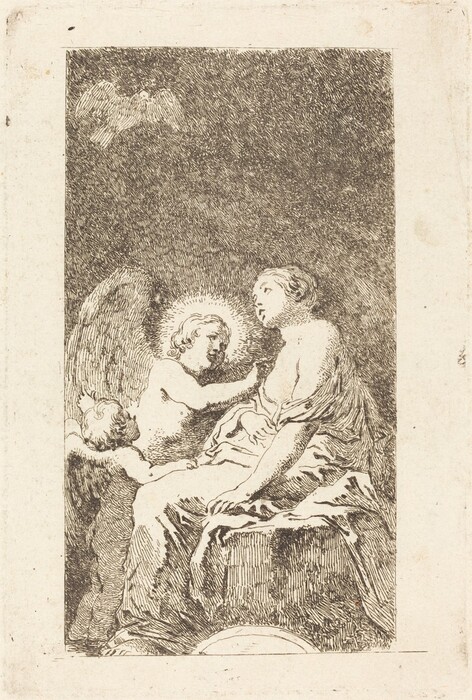 The image shows a seated woman, two child-like figures resembling cherubs, and a bird-like figure. The woman is leaning slightly to her right, looking at one of the cherubs. She has delicate facial features and medium-length wavy hair, dressed in a draped garment. The background is textured with dense lines, and a bird-like figure appears above. The cherubs have wings, with one emitting a glowing aura. The image is monochromatic and sketched with intricate lines.