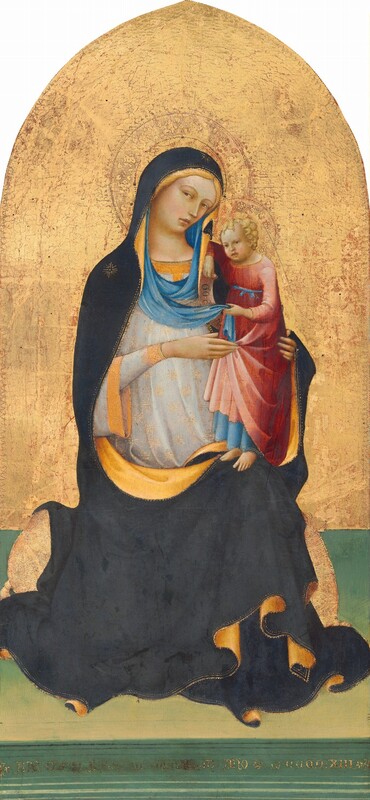 A woman sits and supports a baby standing on her lap, both against a gold background in this arched, vertical painting. The woman and baby’s light skin is shaded with faint green, and they have pale pink cheeks. The woman’s body faces us. She tips her head toward the baby who stands on her knee, to our right. The woman looks at us with light brown eyes under curving brows. She has a long, straight nose, and her small pink lips are closed. Her blond hair is mostly covered by a midnight-blue robe that drapes over her shoulders, across her lap, and pools on the floor. The robe is lined with goldenrod yellow, edged with bright gold, and has gold starburst-like designs on the shoulder we can see and top of the head. The dress she wears underneath has more gold stars creating a pattern across the pearl-white fabric. A sky-blue scarf wraps over her head and loops across her shoulders. The baby holds one end of the scarf, and his other elbow rests on the woman’s shoulder. She props him up with both hands. He has a cap of blond curls and chubby cheeks with delicate features. His geranium-red garment falls over a pale blue skirt that reaches his bare feet. In the hand near the woman’s shoulder, he holds a scroll with the letters “EGO S.” The floor beneath them is mint green and has gold writing across the front, reading, “AVE.G ANN O.D M.CCCC.XIII.” The woman and baby’s disc-like gold halos blend into the gold background, which is visibly cracked in some areas. The panel comes to a pointed arch at the top.