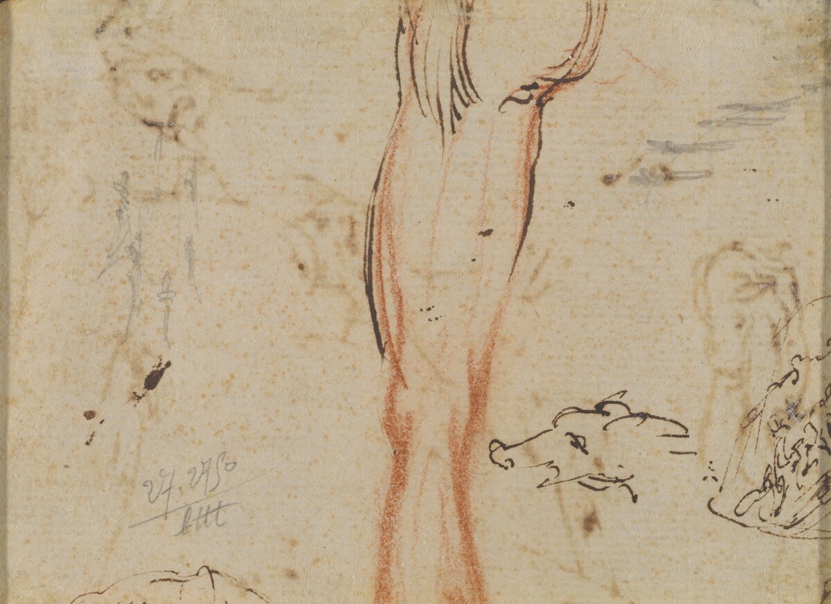 The image shows a sketch of a human figure in a side-profile view from the upper thigh down, including one leg. The figure appears to be standing. Facial features, hair, clothing, or specific objects are not detailed. Surrounding the figure are additional light sketches of an animal head and abstract shapes. The background has a lightly speckled paper texture, indicating this may be from a sketchbook or similar document.