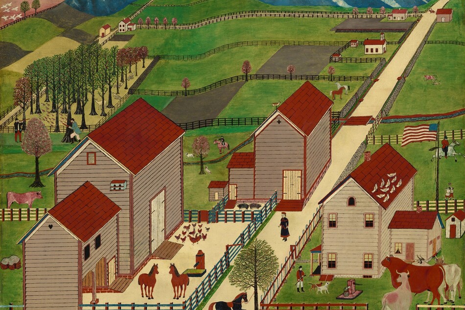 We look down at a cluster of three farm buildings and across grassy fields that stretch into the distance in this horizontal landscape painting. A parchment-yellow road angles from the lower center of the composition into the upper right corner, where it meets the horizon line just below the upper edge of the painting. Closest to us, the buildings flank the road, with two barns to our left and a house to our right. The buildings all have burgundy-red roofs. The barns have brown siding, and the house has paler, tan siding. The buildings are surrounded by blue or red fences. The barns to our left have large doors and two windows are visible on one of the sides facing us. A two-story, turquoise-blue bird house is affixed to the side of the barn closer to us. To our right, the house has windows piercing both levels, and a porch facing the road, to our left. Birds gather on the roof of the house, and an American flag flies beyond the back corner of the house. A black horse and two red horses, four cows and bulls, two dogs, a dozen chickens, and two pigs occupy different areas of the fenced-in spaces around the buildings. A man stands near the dogs next to the house, and a person wearing a red-edged black garment and a red cap stands on the road between the structures. In the fields beyond, people ride horses or hunt, horses graze, and a cow frolics with a dog. More buildings dot the landscape, which is farther divided into plots of land by stone walls, black fences, and more roads. Rows of stylized trees grow in straight lines in a grove to our left. Birds and deer walk or stand among the trees, and two people stand nearby, holding rifles. The slopes of indigo-blue hills rise along the horizon, at the top of the painting.  The sky to the left of blue hills is mauve pink, streaked with black clouds. The rest of the sky is pale shell pink and ivory. Many of the animals and the architectural elements are outlined in black and filled in with flat areas of color. The weave of the window shade on which this is painted is visible in many areas.