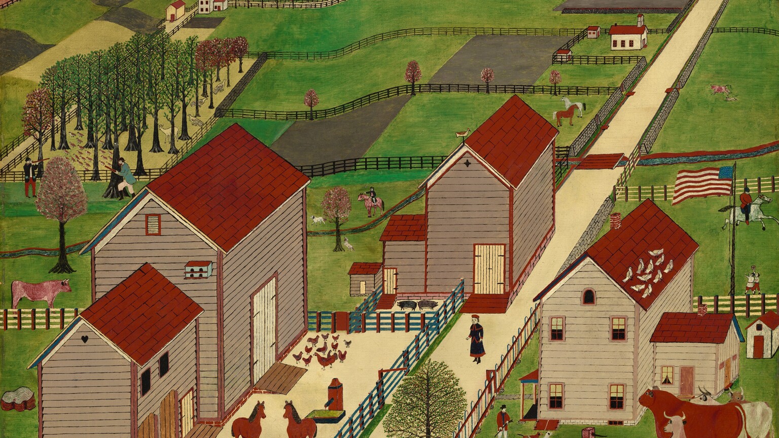 We look down at a cluster of three farm buildings and across grassy fields that stretch into the distance in this horizontal landscape painting. A parchment-yellow road angles from the lower center of the composition into the upper right corner, where it meets the horizon line just below the upper edge of the painting. Closest to us, the buildings flank the road, with two barns to our left and a house to our right. The buildings all have burgundy-red roofs. The barns have brown siding, and the house has paler, tan siding. The buildings are surrounded by blue or red fences. The barns to our left have large doors and two windows are visible on one of the sides facing us. A two-story, turquoise-blue bird house is affixed to the side of the barn closer to us. To our right, the house has windows piercing both levels, and a porch facing the road, to our left. Birds gather on the roof of the house, and an American flag flies beyond the back corner of the house. A black horse and two red horses, four cows and bulls, two dogs, a dozen chickens, and two pigs occupy different areas of the fenced-in spaces around the buildings. A man stands near the dogs next to the house, and a person wearing a red-edged black garment and a red cap stands on the road between the structures. In the fields beyond, people ride horses or hunt, horses graze, and a cow frolics with a dog. More buildings dot the landscape, which is farther divided into plots of land by stone walls, black fences, and more roads. Rows of stylized trees grow in straight lines in a grove to our left. Birds and deer walk or stand among the trees, and two people stand nearby, holding rifles. The slopes of indigo-blue hills rise along the horizon, at the top of the painting.  The sky to the left of blue hills is mauve pink, streaked with black clouds. The rest of the sky is pale shell pink and ivory. Many of the animals and the architectural elements are outlined in black and filled in with flat areas of color. The weave of the window shade on which this is painted is visible in many areas.