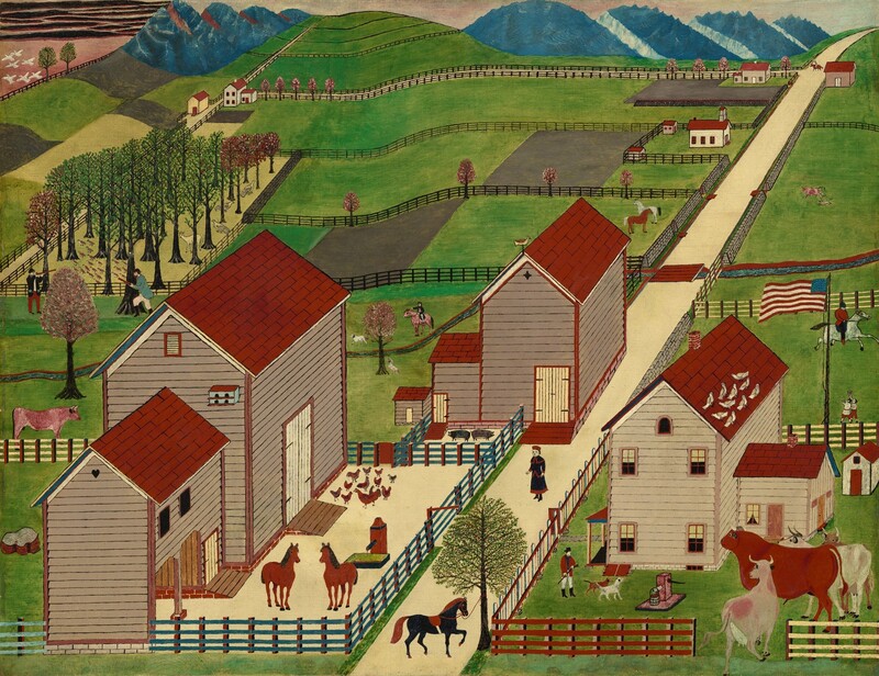 We look down at a cluster of three farm buildings and across grassy fields that stretch into the distance in this horizontal landscape painting. A parchment-yellow road angles from the lower center of the composition into the upper right corner, where it meets the horizon line just below the upper edge of the painting. Closest to us, the buildings flank the road, with two barns to our left and a house to our right. The buildings all have burgundy-red roofs. The barns have brown siding, and the house has paler, tan siding. The buildings are surrounded by blue or red fences. The barns to our left have large doors and two windows are visible on one of the sides facing us. A two-story, turquoise-blue bird house is affixed to the side of the barn closer to us. To our right, the house has windows piercing both levels, and a porch facing the road, to our left. Birds gather on the roof of the house, and an American flag flies beyond the back corner of the house. A black horse and two red horses, four cows and bulls, two dogs, a dozen chickens, and two pigs occupy different areas of the fenced-in spaces around the buildings. A man stands near the dogs next to the house, and a person wearing a red-edged black garment and a red cap stands on the road between the structures. In the fields beyond, people ride horses or hunt, horses graze, and a cow frolics with a dog. More buildings dot the landscape, which is farther divided into plots of land by stone walls, black fences, and more roads. Rows of stylized trees grow in straight lines in a grove to our left. Birds and deer walk or stand among the trees, and two people stand nearby, holding rifles. The slopes of indigo-blue hills rise along the horizon, at the top of the painting. The sky to the left of blue hills is mauve pink, streaked with black clouds. The rest of the sky is pale shell pink and ivory. Many of the animals and the architectural elements are outlined in black and filled in with flat areas of color. The weave of the window shade on which this is painted is visible in many areas.