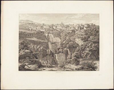 The image shows a landscape with a town in the distance. The town sits on a plateau or hill, surrounded by vegetation. Detailed line work depicts rocks, plants, and trees. A figure stands on a path near foliage and rocks. The sky has wispy clouds.