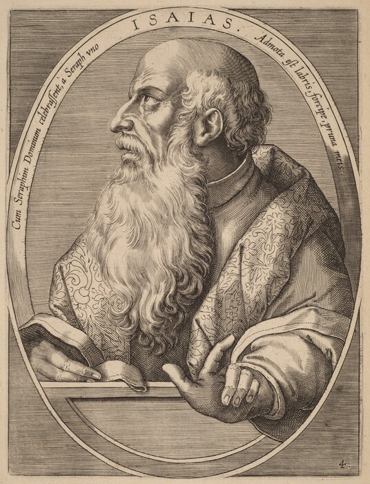 The image shows an engraved portrait of a man in profile view from the waist up. He has a long white beard, short hair, and wears a patterned robe with layered sleeves. His left hand is gesturing, and his right hand holds a writing implement over a surface. The background includes a circular border with inscriptions and Latin text, set against a finely hatched texture.
